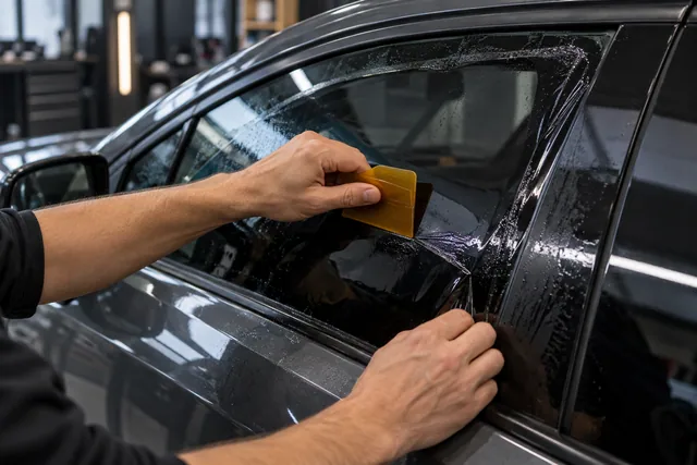 Imagen ilustrativa de la colocación de una lámina de polarizado en la ventanilla de un auto
